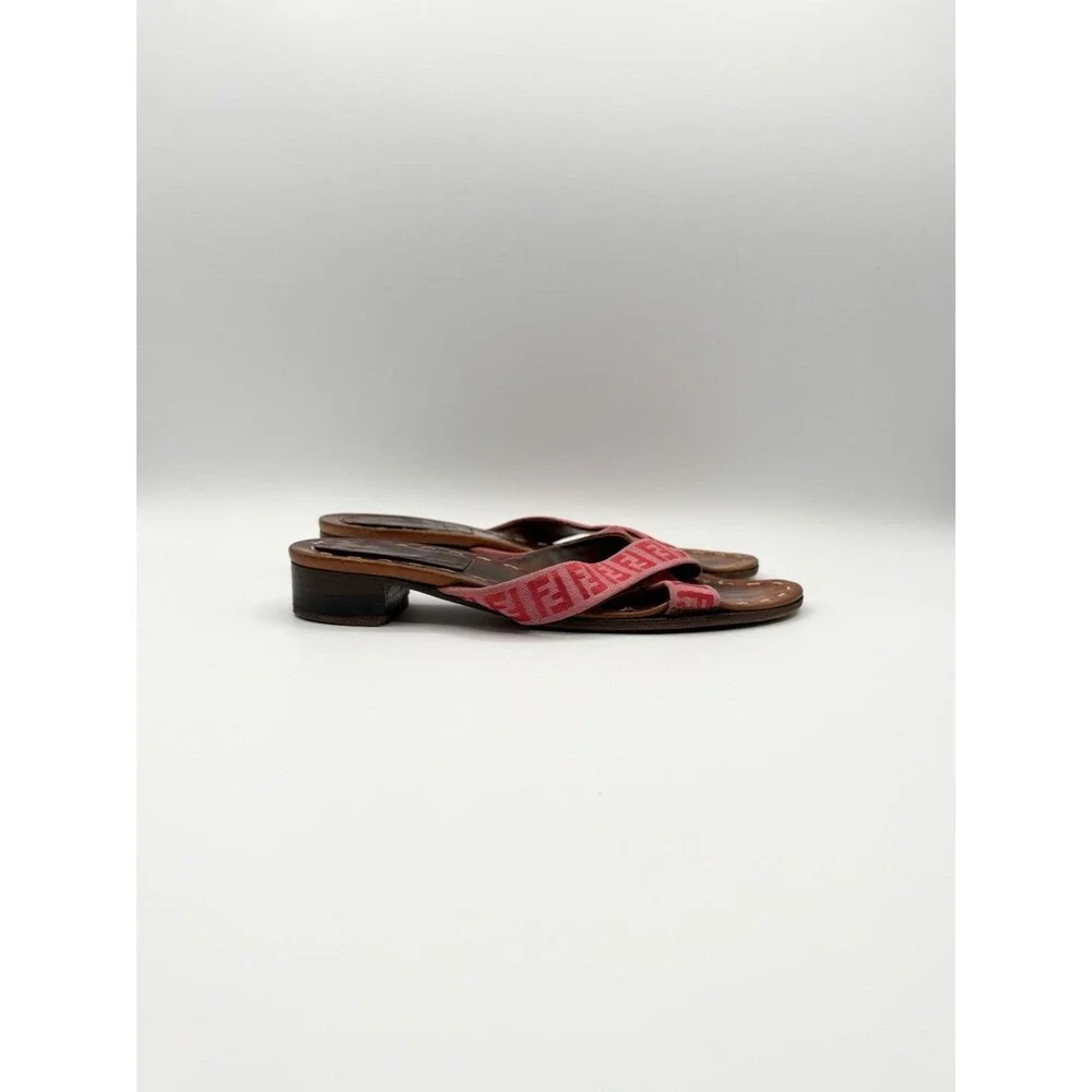 Fendi Brown Leather Sandals w/ Pink FF Logo Zucca Print Strap Vintage Size EU 37